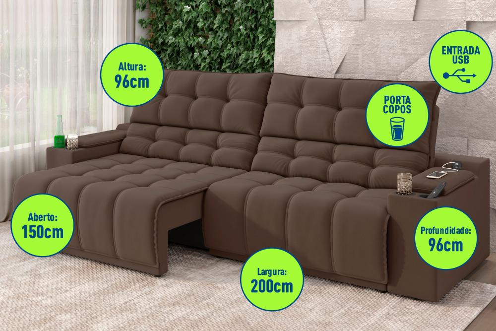 Sofá Connect Premium 2,00m Assento Retrátil/Reclinável com porta copos e entrada USB Suede Marrom