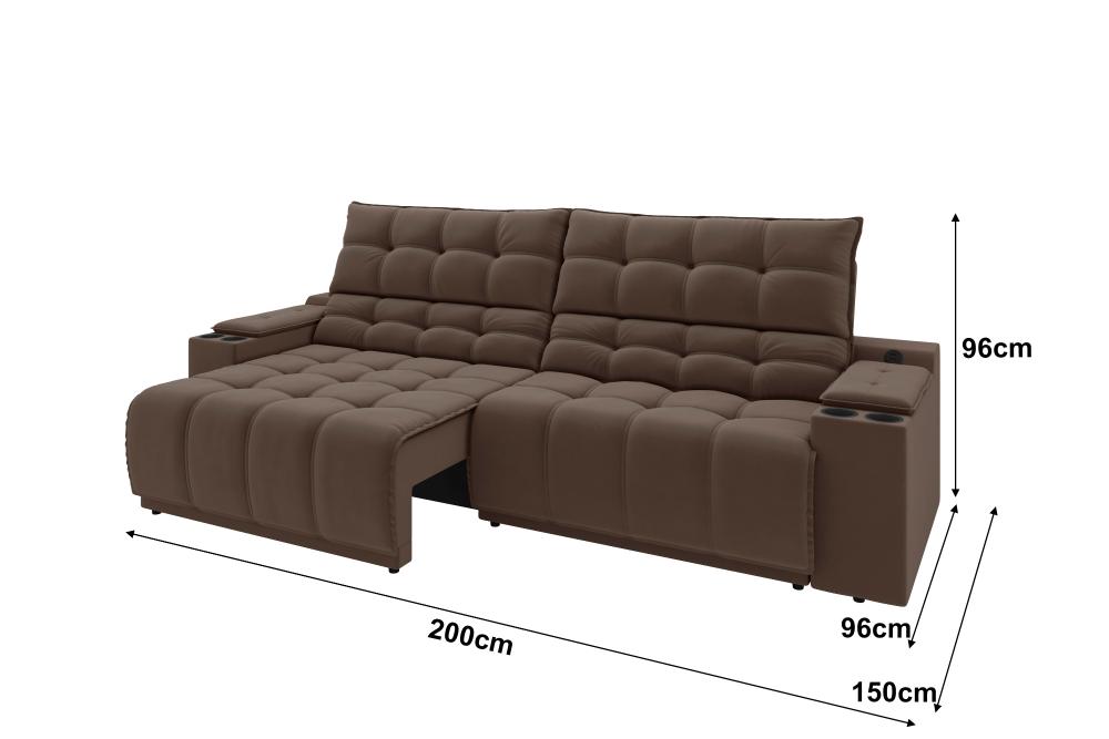 Sofá Connect Premium 2,00m Assento Retrátil/Reclinável com porta copos e entrada USB Suede Marrom