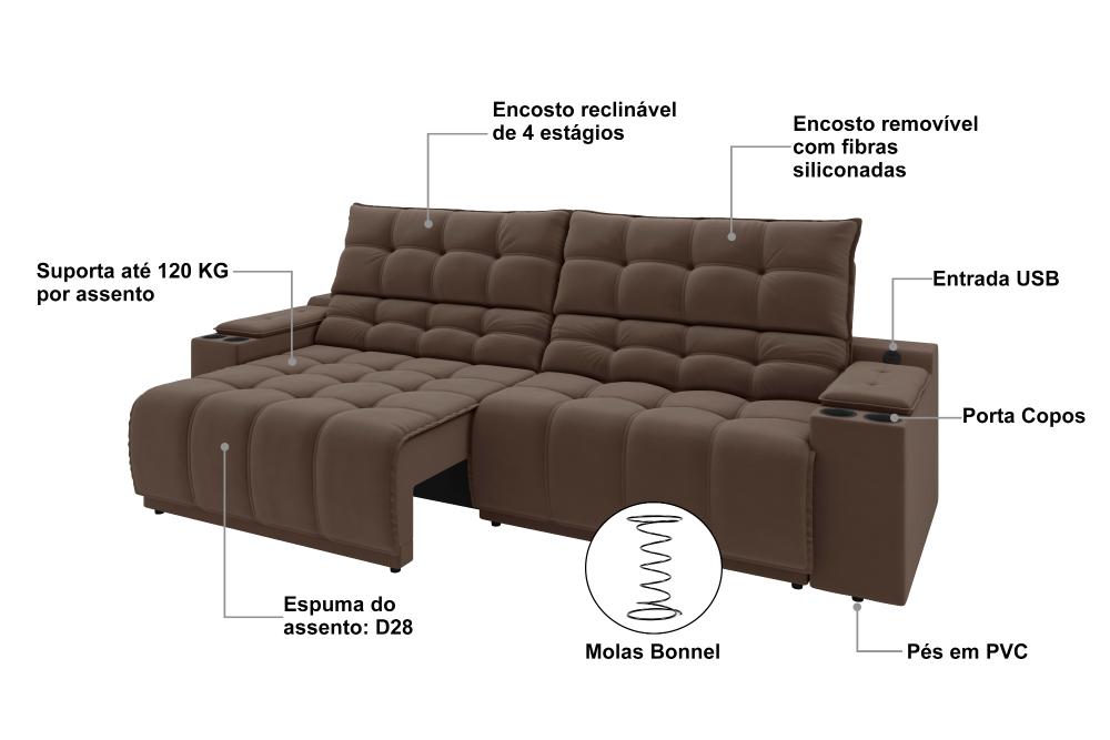 Sofá Connect Premium 2,00m Assento Retrátil/Reclinável com porta copos e entrada USB Suede Marrom