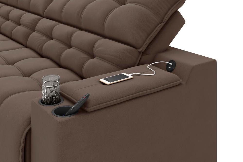 Sofá Connect Premium 2,00m Assento Retrátil/Reclinável com porta copos e entrada USB Suede Marrom