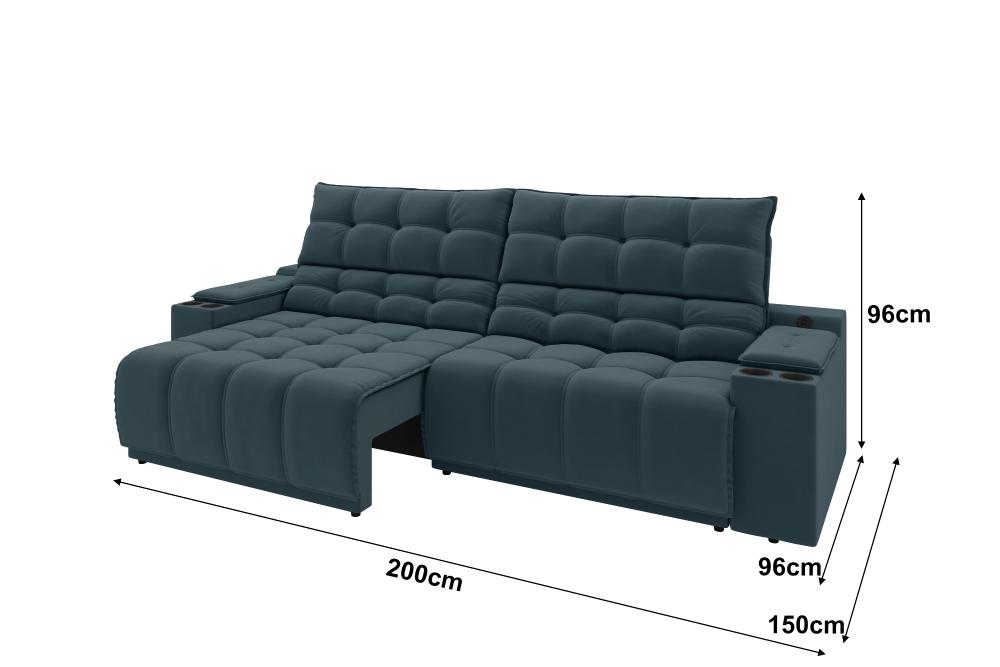 Sofá Connect Premium 2,00m Assento Retrátil/Reclinável com porta copos e entrada USB Suede Petróleo