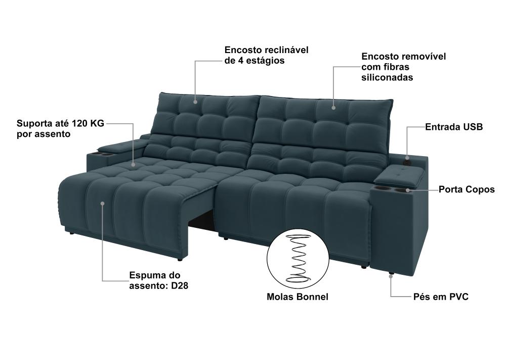 Sofá Connect Premium 2,00m Assento Retrátil/Reclinável com porta copos e entrada USB Suede Petróleo