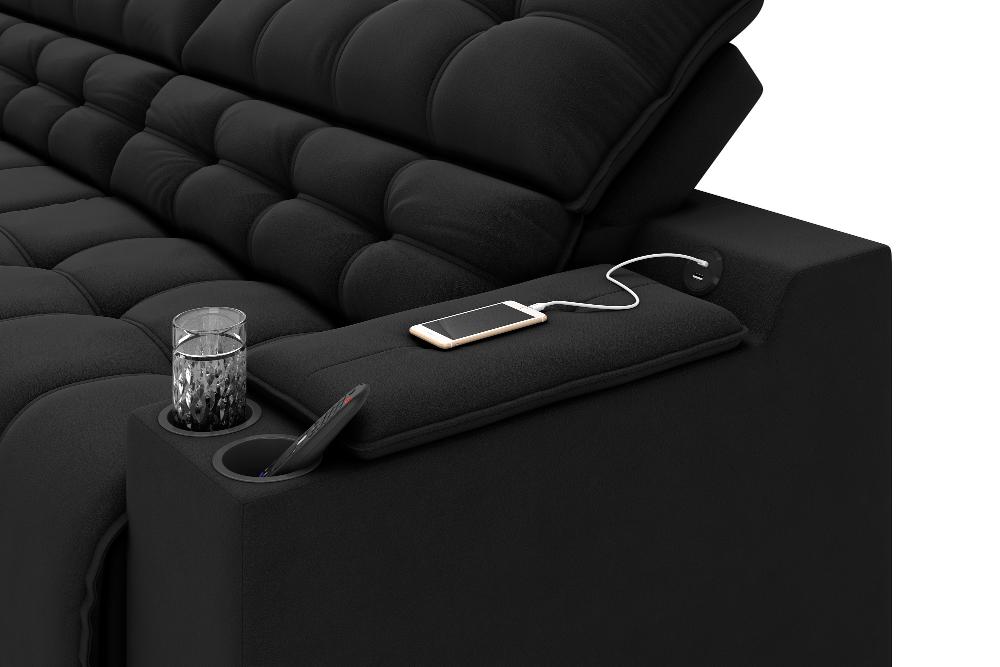 Sofá Connect Premium 2,00m Assento Retrátil/Reclinável com porta copos e entrada USB Suede Preto