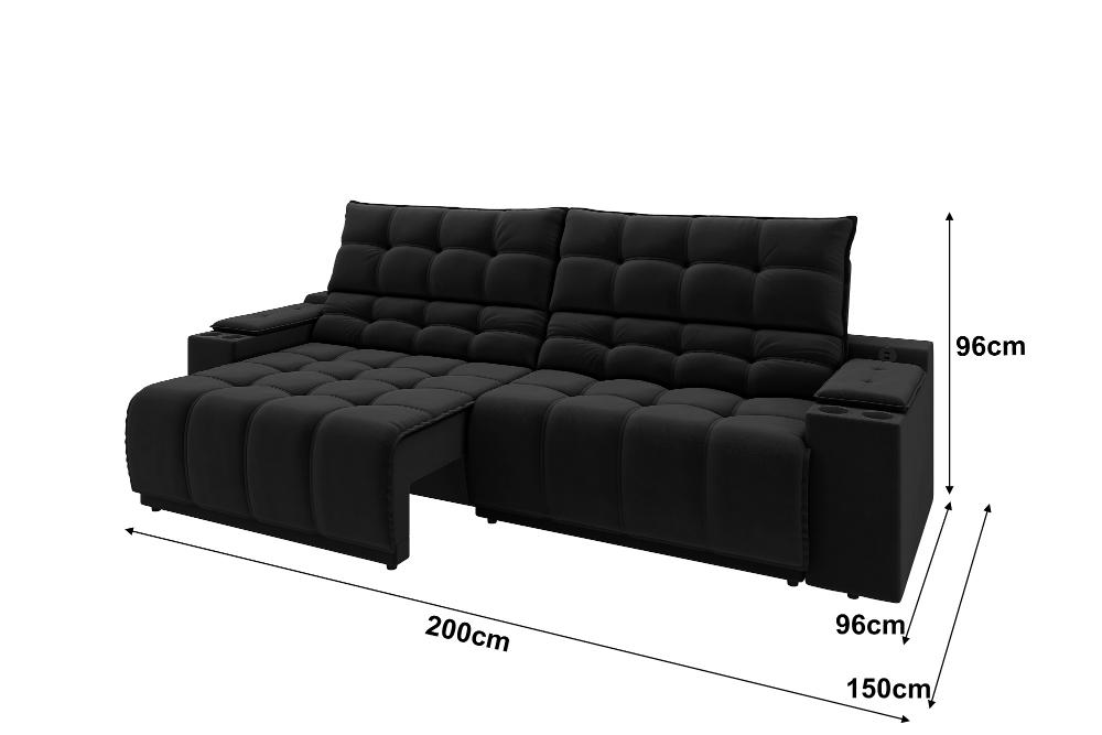 Sofá Connect Premium 2,00m Assento Retrátil/Reclinável com porta copos e entrada USB Suede Preto