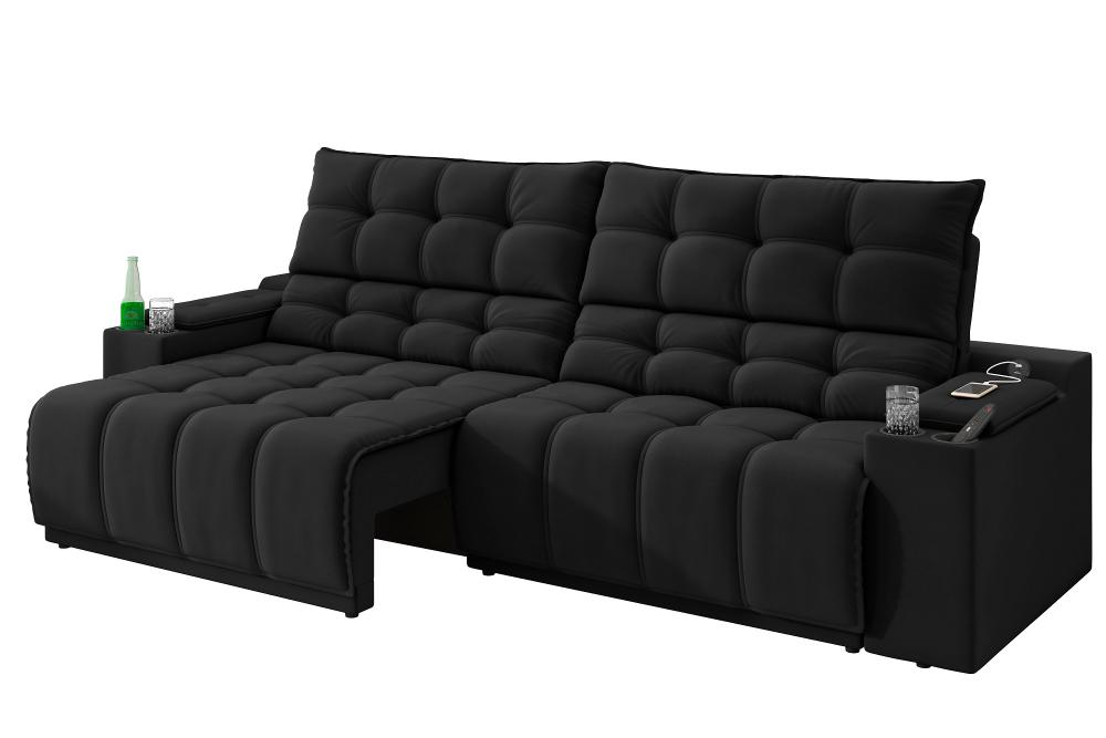 Sofá Connect Premium 2,00m Assento Retrátil/Reclinável com porta copos e entrada USB Suede Preto