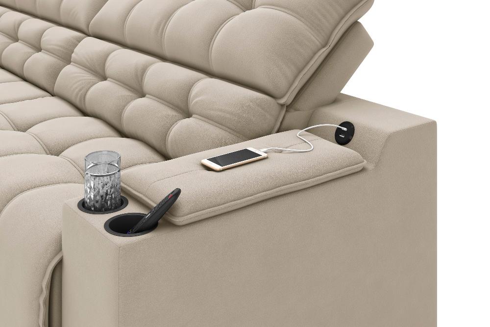 Sofá Connect Premium 2,30m Assento Retrátil/Reclinável com porta copos e entrada USB Suede Areia