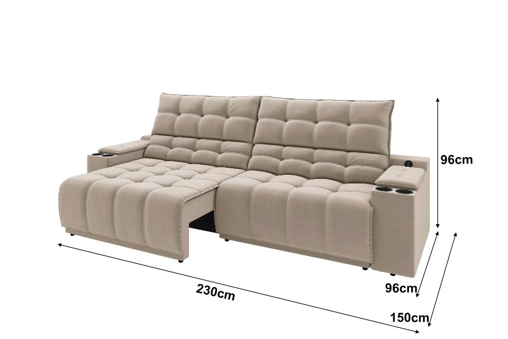 Sofá Connect Premium 2,30m Assento Retrátil/Reclinável com porta copos e entrada USB Suede Areia