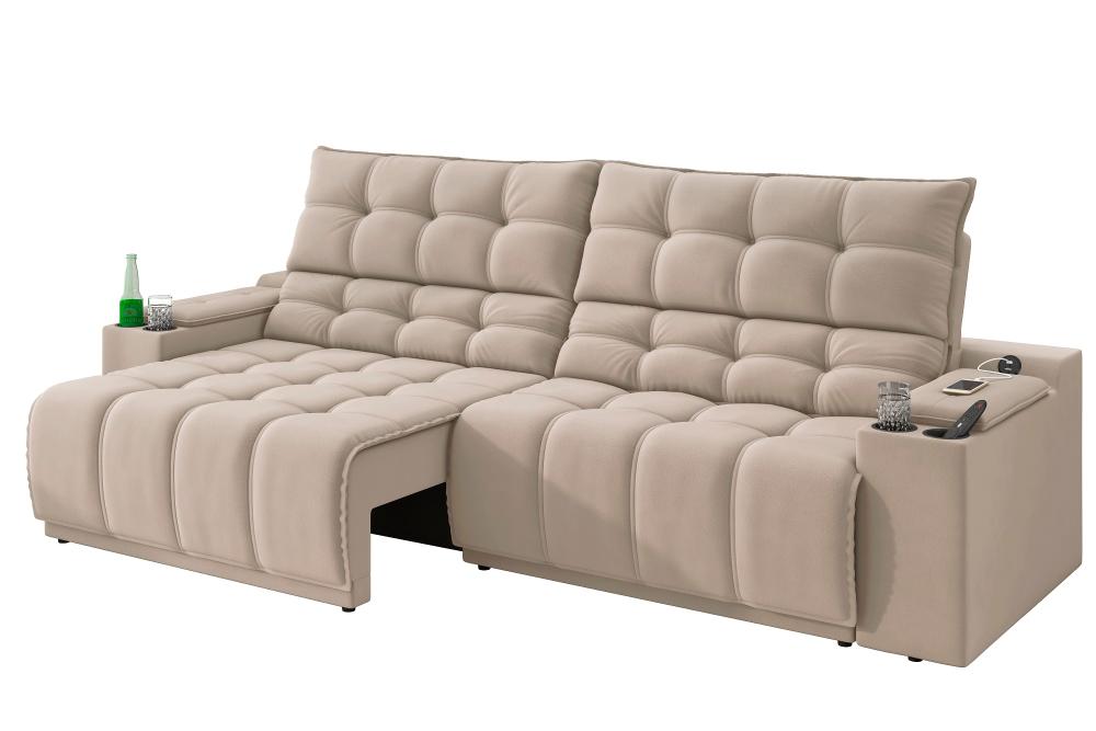 Sofá Connect Premium 2,30m Assento Retrátil/Reclinável com porta copos e entrada USB Suede Areia