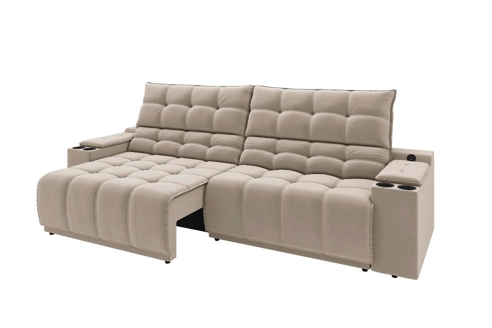 Sofá Connect Premium 2,30m Assento Retrátil/Reclinável com porta copos e entrada USB Suede Areia