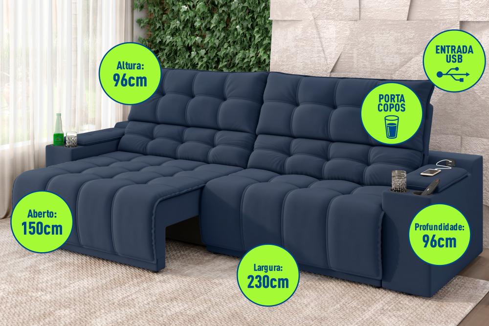 Sofá Connect Premium 2,30m Assento Retrátil/Reclinável com porta copos e entrada USB Suede Azul