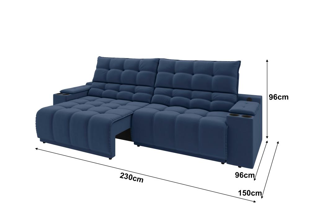 Sofá Connect Premium 2,30m Assento Retrátil/Reclinável com porta copos e entrada USB Suede Azul