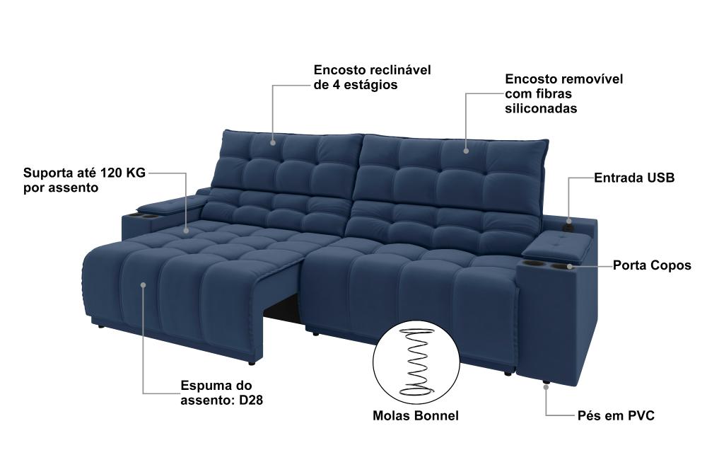Sofá Connect Premium 2,30m Assento Retrátil/Reclinável com porta copos e entrada USB Suede Azul