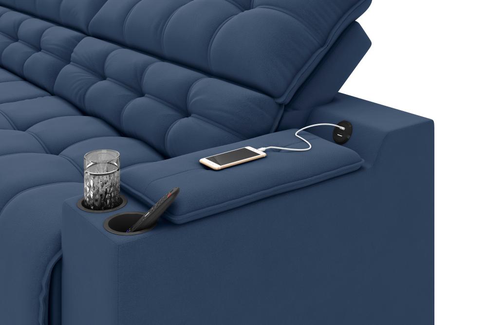 Sofá Connect Premium 2,30m Assento Retrátil/Reclinável com porta copos e entrada USB Suede Azul