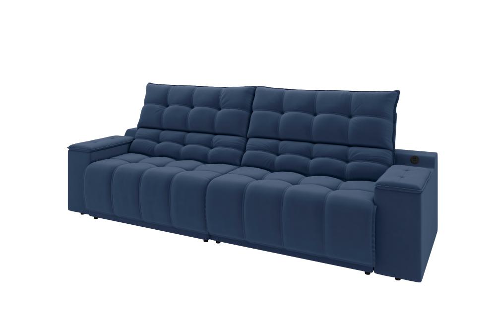 Sofá Connect Premium 2,30m Assento Retrátil/Reclinável com porta copos e entrada USB Suede Azul