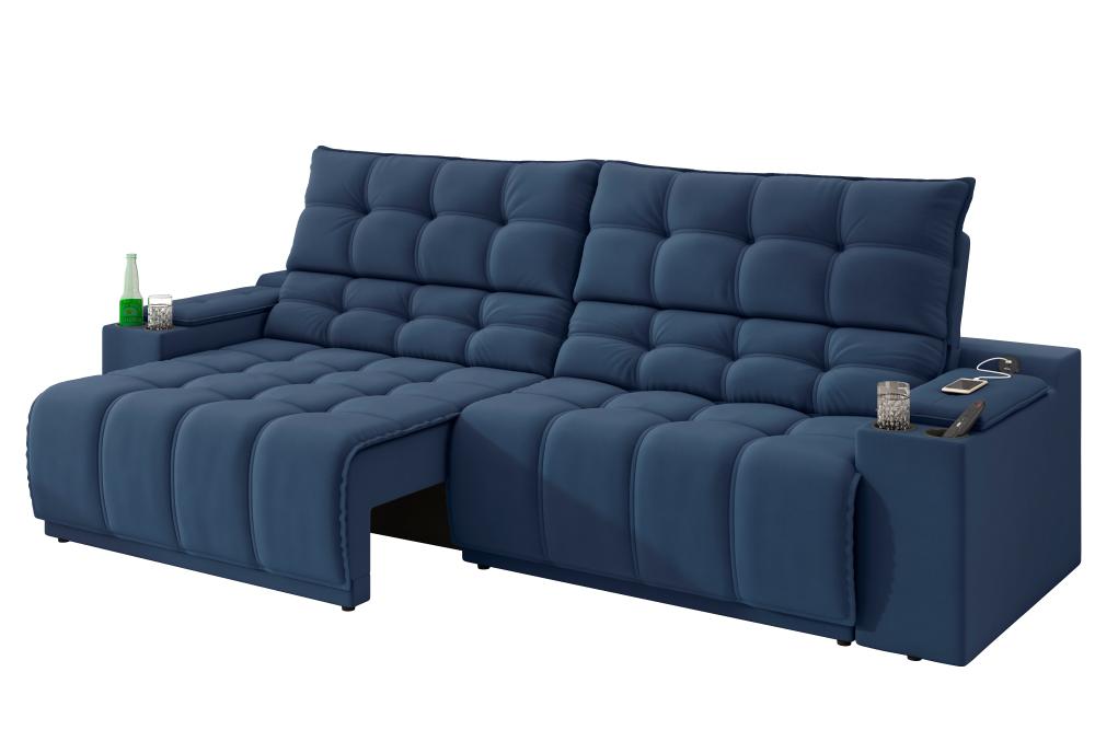 Sofá Connect Premium 2,30m Assento Retrátil/Reclinável com porta copos e entrada USB Suede Azul