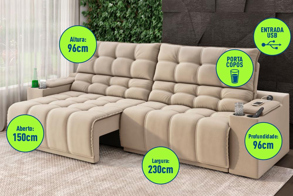 Sofá Connect Premium 2,30m Assento Retrátil/Reclinável com porta copos e entrada USB Suede Capuccino