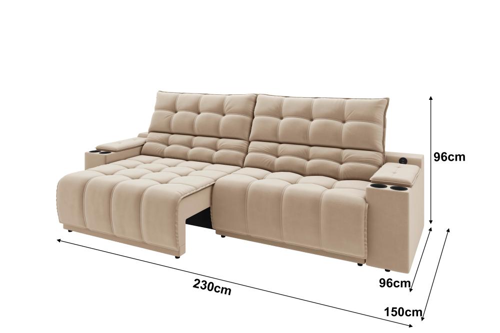 Sofá Connect Premium 2,30m Assento Retrátil/Reclinável com porta copos e entrada USB Suede Capuccino