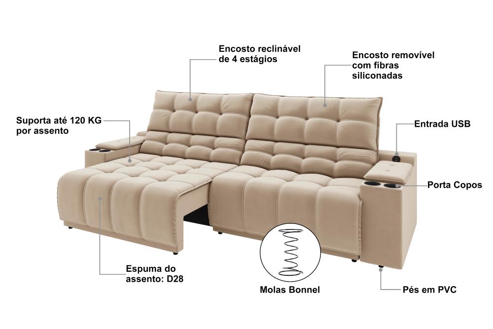 Sofá Connect Premium 2,30m Assento Retrátil/Reclinável com porta copos e entrada USB Suede Capuccino