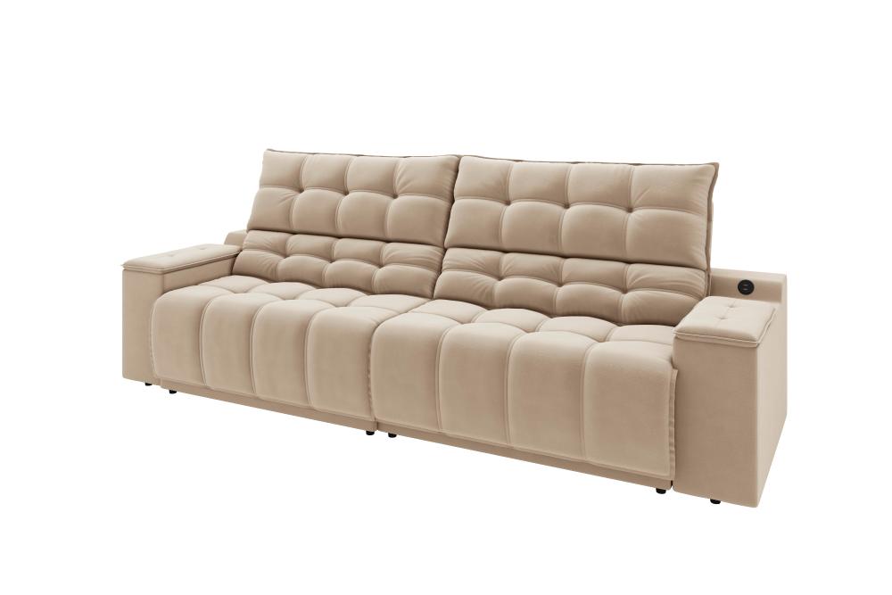 Sofá Connect Premium 2,30m Assento Retrátil/Reclinável com porta copos e entrada USB Suede Capuccino
