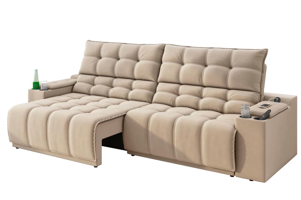 Sofá Connect Premium 2,30m Assento Retrátil/Reclinável com porta copos e entrada USB Suede Capuccino