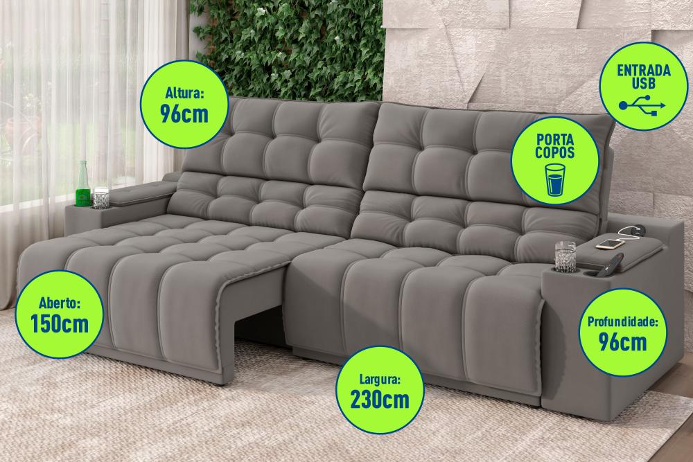 Sofá Connect Premium 2,30m Assento Retrátil/Reclinável com porta copos e entrada USB Suede Cinza
