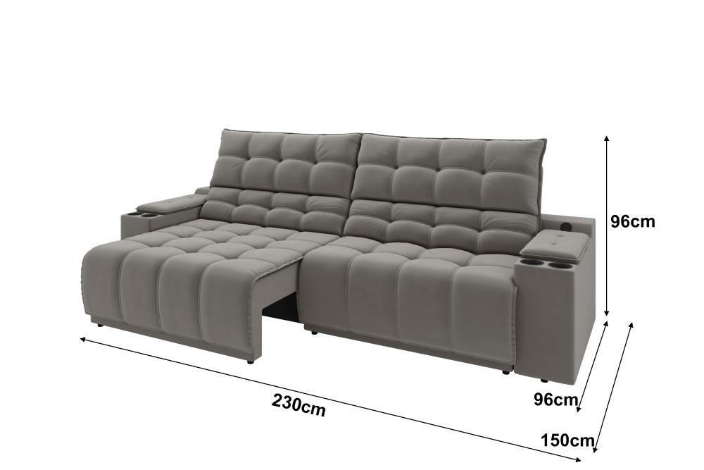 Sofá Connect Premium 2,30m Assento Retrátil/Reclinável com porta copos e entrada USB Suede Cinza