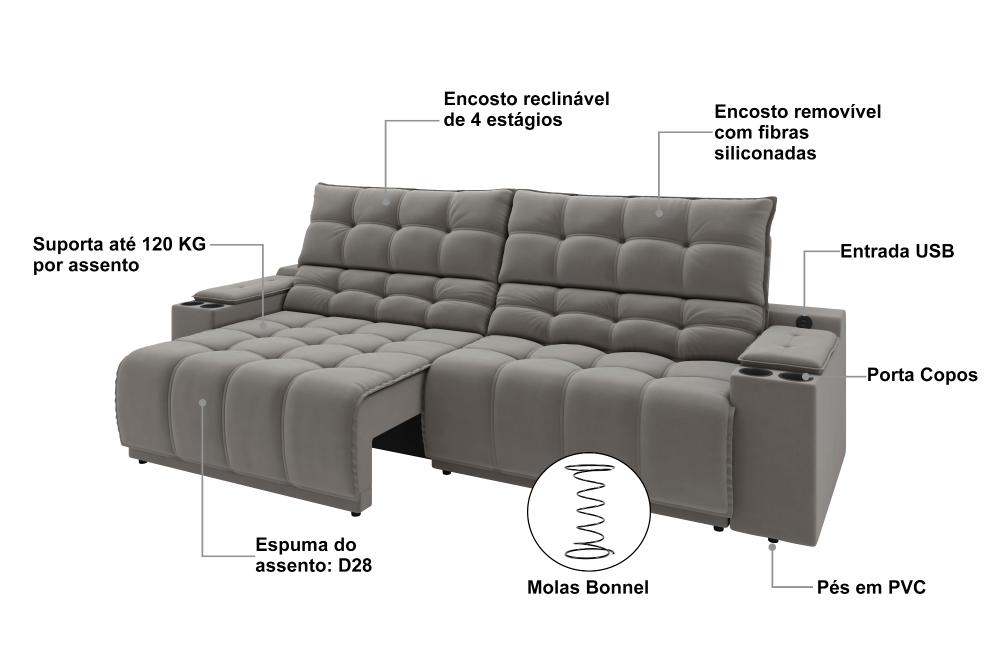 Sofá Connect Premium 2,30m Assento Retrátil/Reclinável com porta copos e entrada USB Suede Cinza