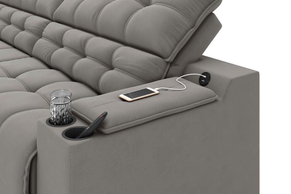 Sofá Connect Premium 2,30m Assento Retrátil/Reclinável com porta copos e entrada USB Suede Cinza