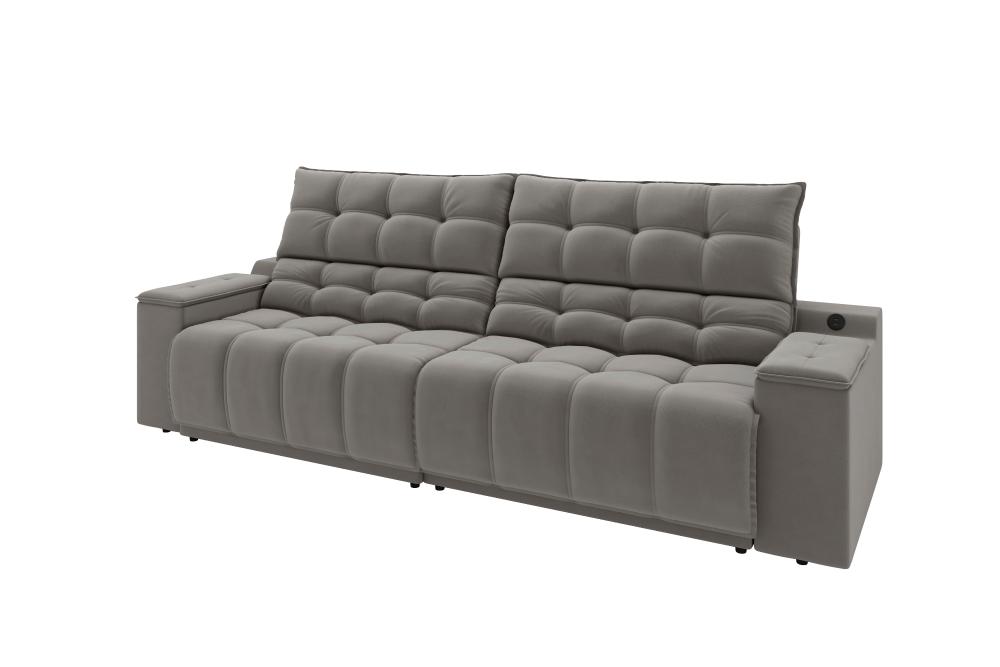 Sofá Connect Premium 2,30m Assento Retrátil/Reclinável com porta copos e entrada USB Suede Cinza