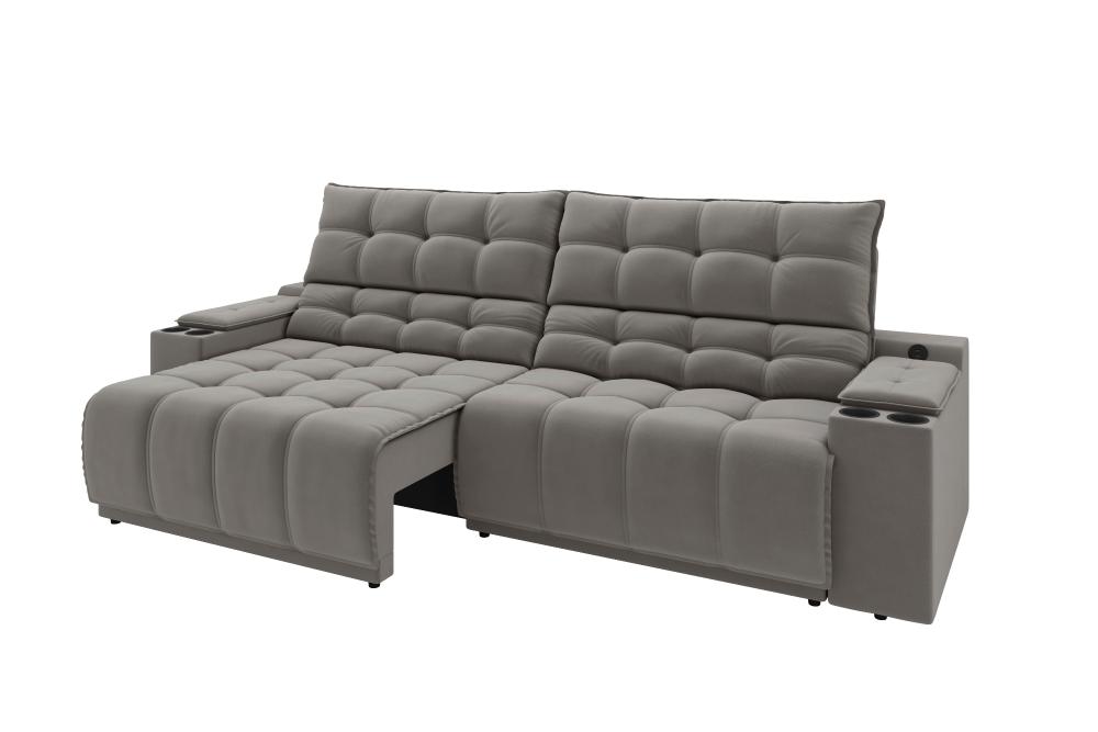 Sofá Connect Premium 2,30m Assento Retrátil/Reclinável com porta copos e entrada USB Suede Cinza