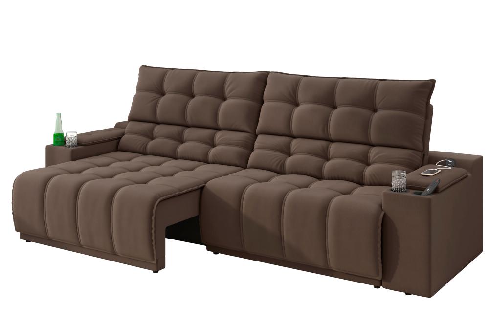 Sofá Connect Premium 2,30m Assento Retrátil/Reclinável com porta copos e entrada USB Suede Marrom