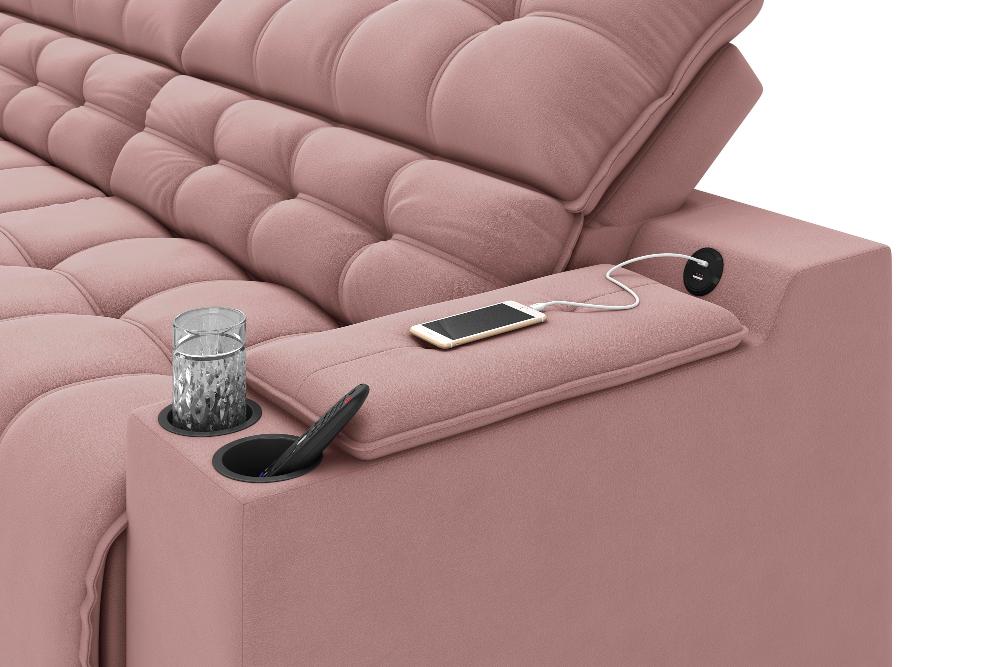 Sofá Connect Premium 2,30m Assento Retrátil/Reclinável com porta copos e entrada USB Suede Nude