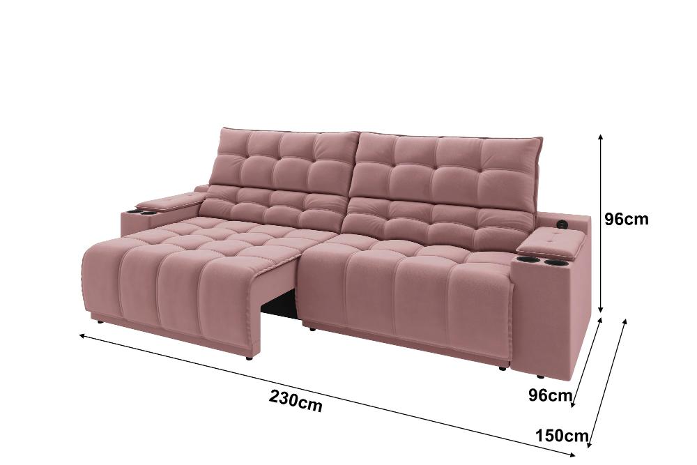 Sofá Connect Premium 2,30m Assento Retrátil/Reclinável com porta copos e entrada USB Suede Nude