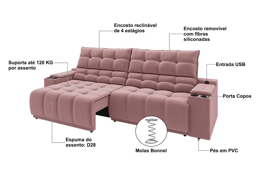 Sofá Connect Premium 2,30m Assento Retrátil/Reclinável com porta copos e entrada USB Suede Nude