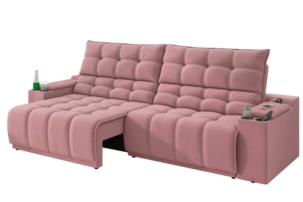 Sofá Connect Premium 2,30m Assento Retrátil/Reclinável com porta copos e entrada USB Suede Nude