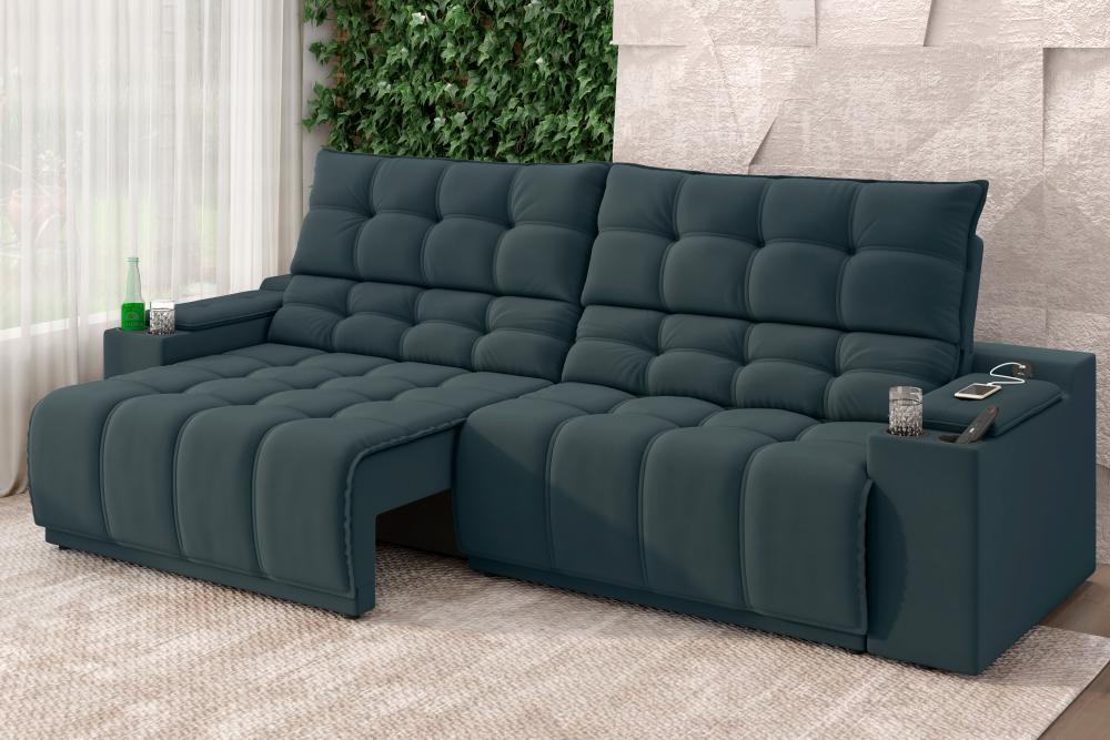 Sofá Connect Premium 2,30m Assento Retrátil/Reclinável com porta copos e entrada USB Suede Petróleo