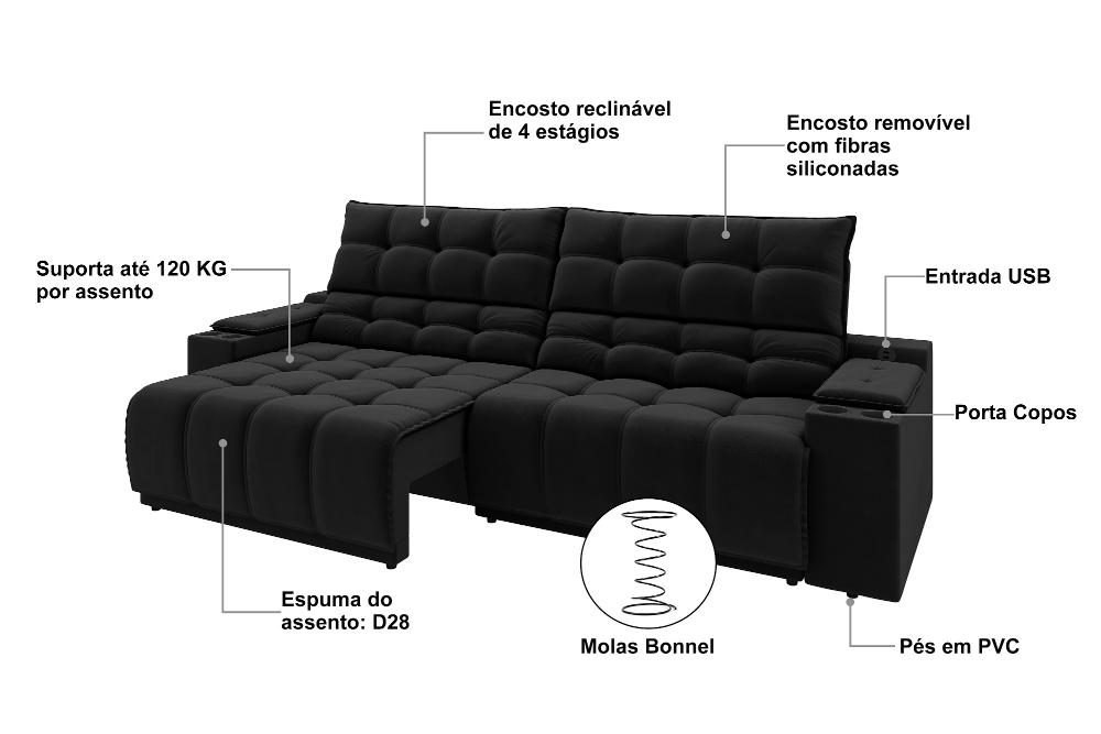Sofá Connect Premium 2,30m Assento Retrátil/Reclinável com porta copos e entrada USB Suede Preto