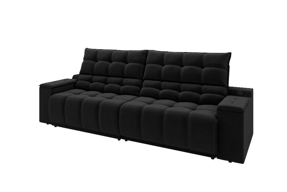 Sofá Connect Premium 2,30m Assento Retrátil/Reclinável com porta copos e entrada USB Suede Preto