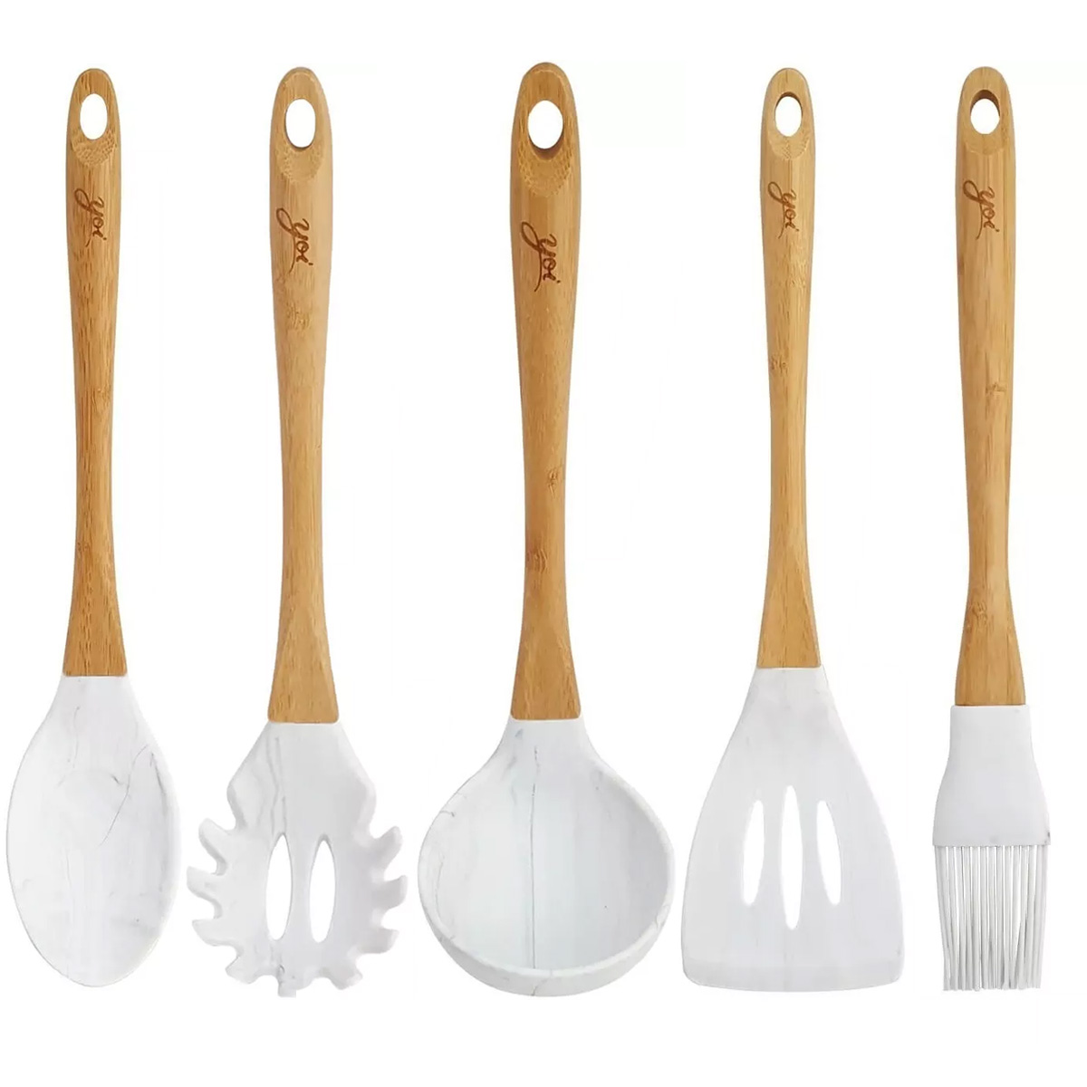 Conjunto 5 Talheres De Silicone Cabo Bambu Marmorizados Colher Soho