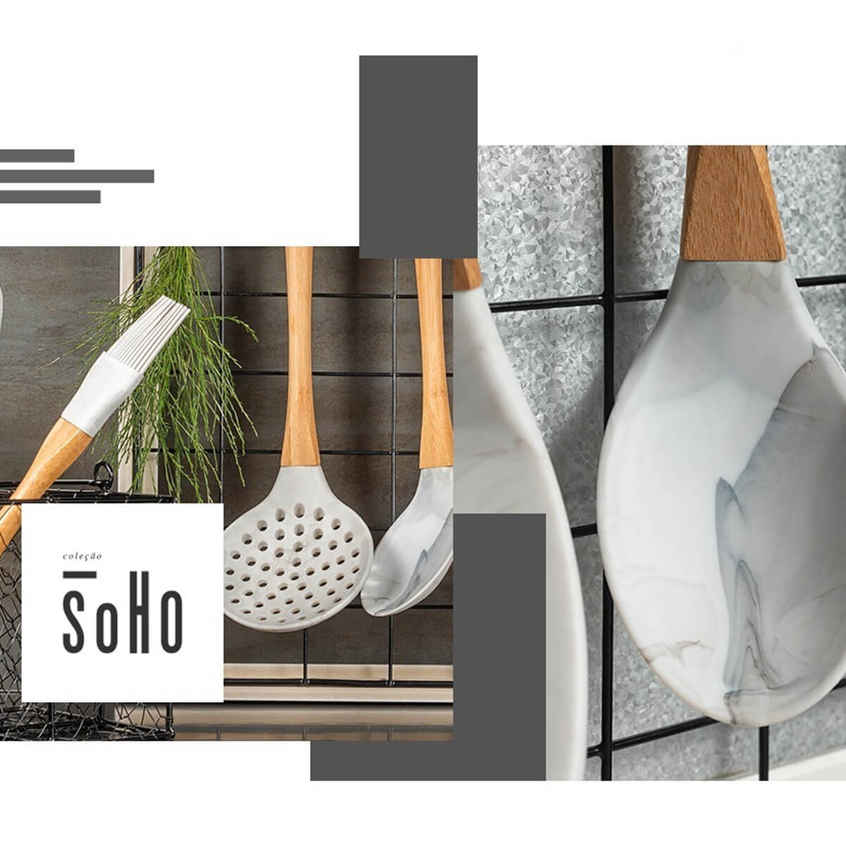 Escumadeira De Silicone Bambu Colher De Cozinha Marmorizada