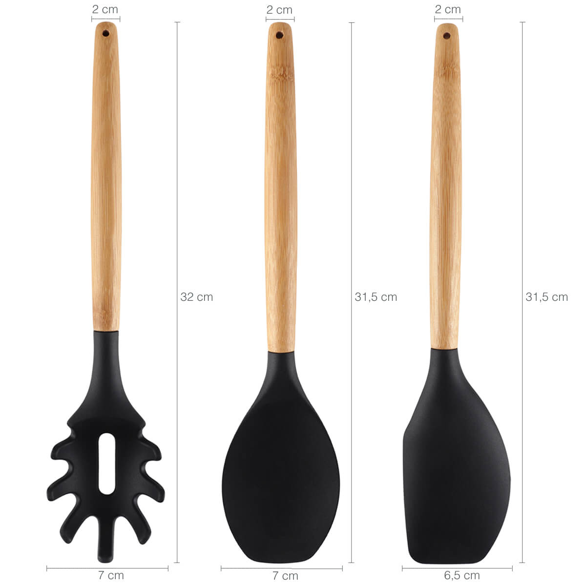 Jogo 5 Talheres De Silicone Com Cabos Em Bambu Concha Espátula Colher Pegador De Massa E Pincel Yoi
