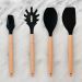 Jogo 5 Talheres De Silicone Com Cabos Em Bambu Concha Espátula Colher Pegador De Massa E Pincel Yoi