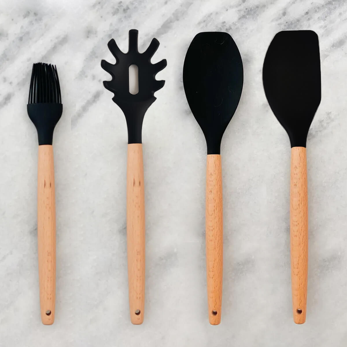 Jogo 5 Talheres De Silicone Com Cabos Em Bambu Concha Espátula Colher Pegador De Massa E Pincel Yoi