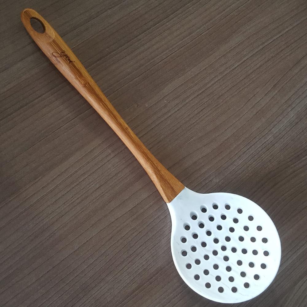 Kit 4 Escumadeiras De Silicone Bambu Colher De Cozinha Marmo