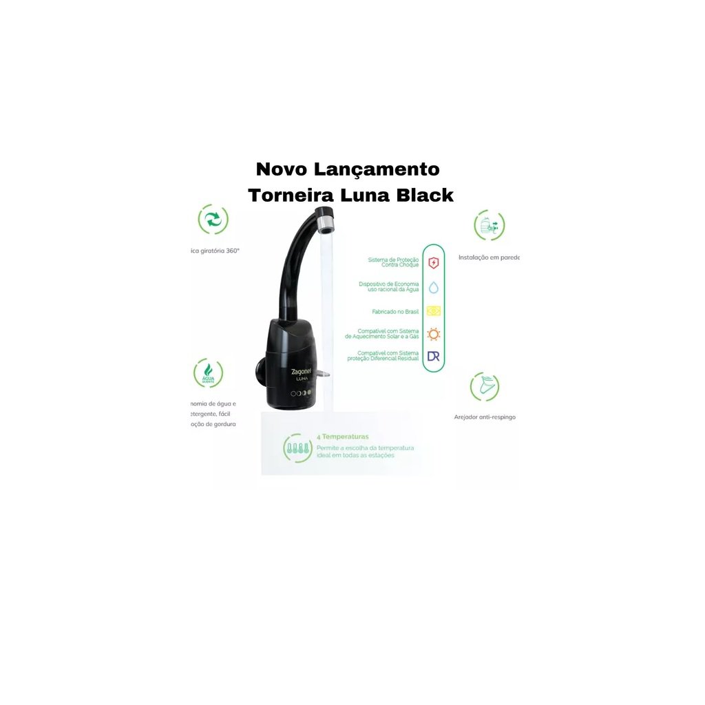 Torneira Elétrica Luna Preta de Parede 5500W 220V - Zagonel