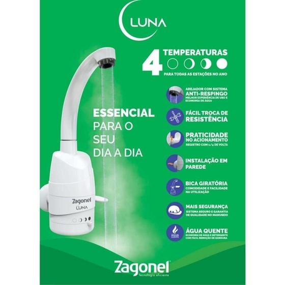 Torneira Elétrica de Parede Zagonel Luna, 4 Temperaturas, 5500 Watts, 220 Volts