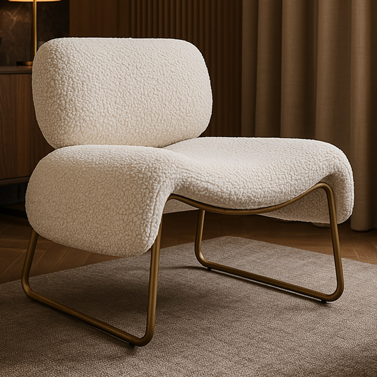 Poltrona Decorativa Versatil Calm Super Boucle Pés em Metal Off White