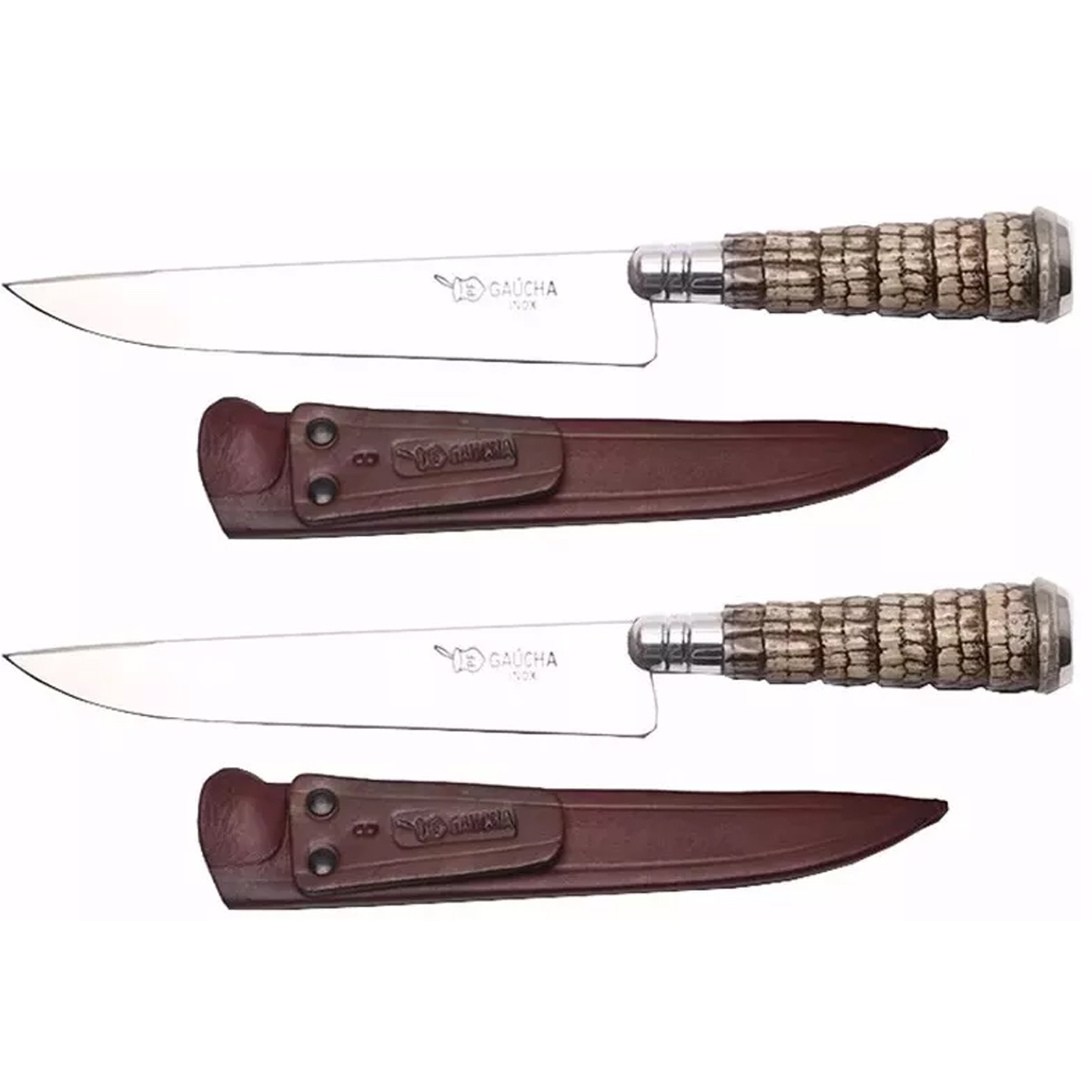 2 Faca Churrasco 6'' Aço Inox Cabo Rabo De Tatu Bainha Couro