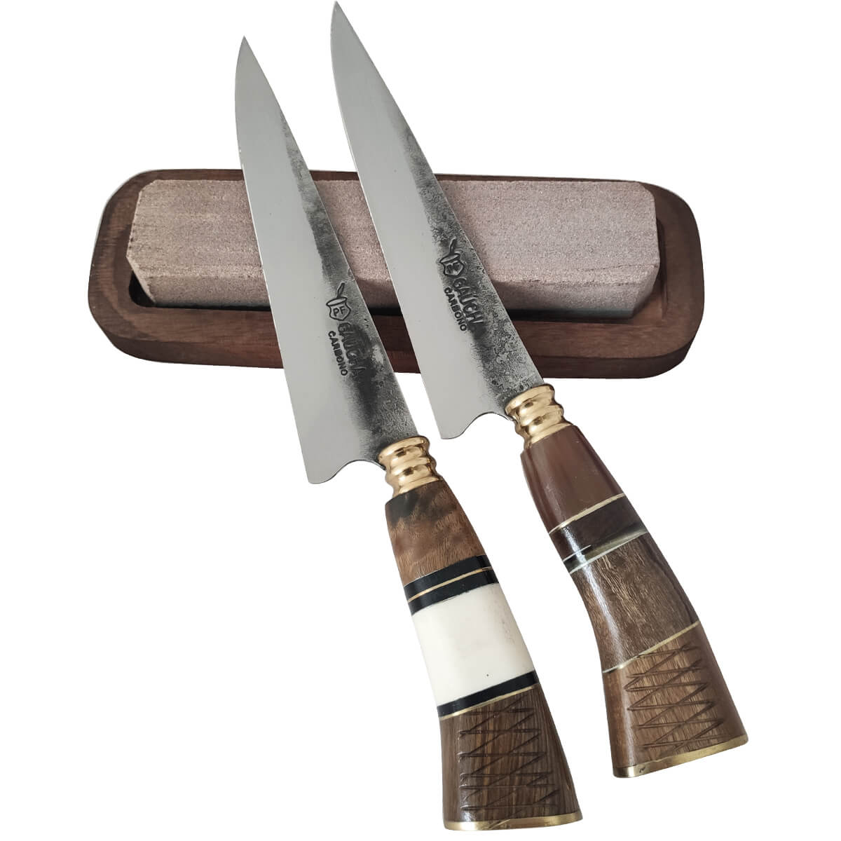 2 Facas Modelo Tesoura Nº7 Carbono Chifre e Pedra De Afiar