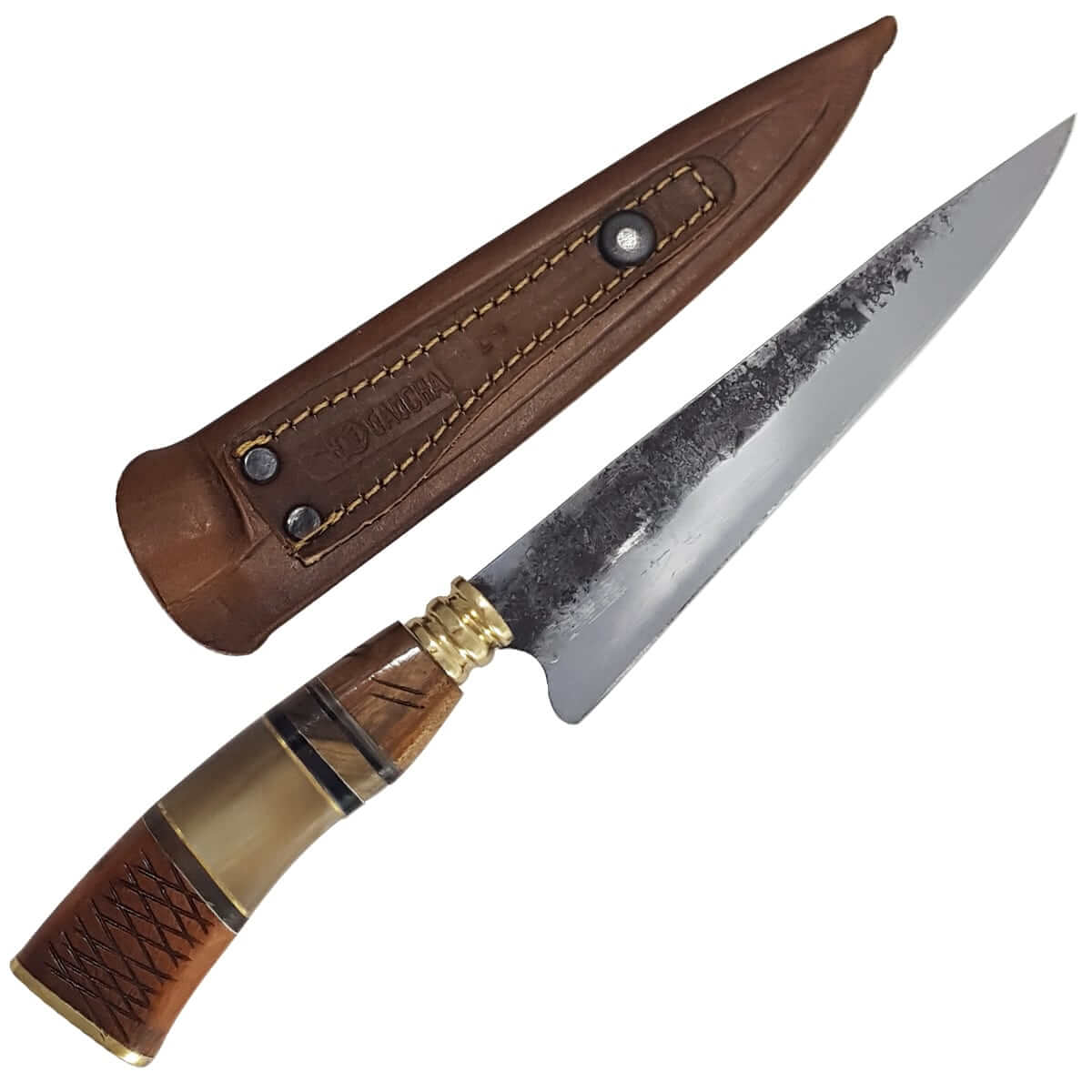 2 Facas Modelo Tesoura Nº7 Carbono Chifre e Pedra De Afiar
